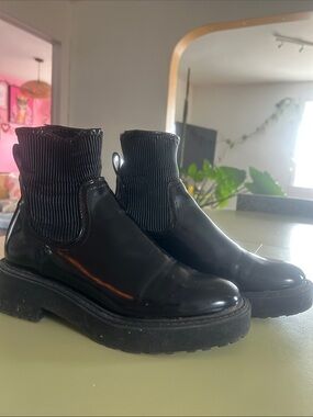 Zara Black Patent Ankle Booties with Ribbed Knit Cuffs